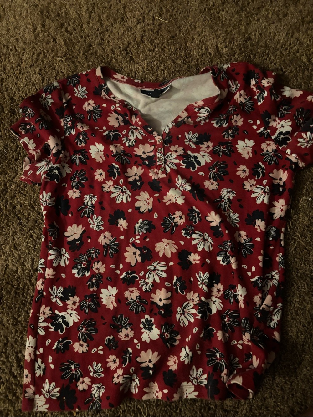 Karen Scott Red Floral Short Sleeve Henley Top